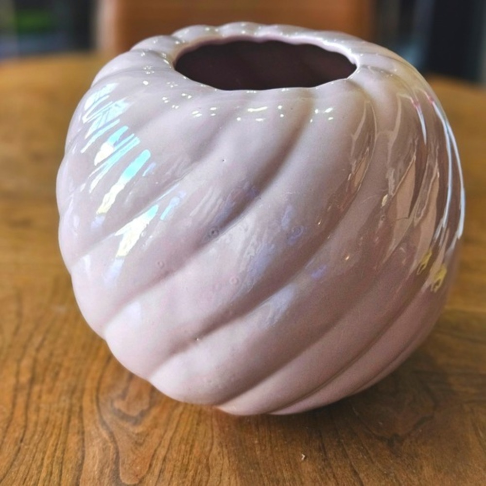 Vintage Mauve Pink Swirl‎ Pottery Vase Post Modern Style 9" Round